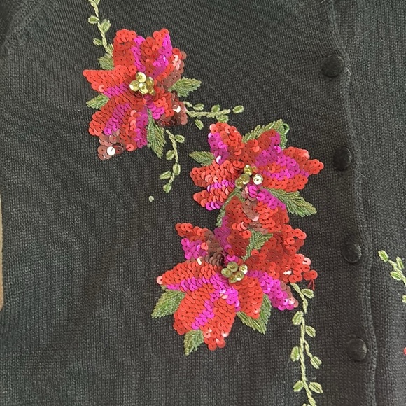 Tiara International Christmas Collection Poinsettia Blk Cardigan Sequin Beads L - Picture 6 of 16